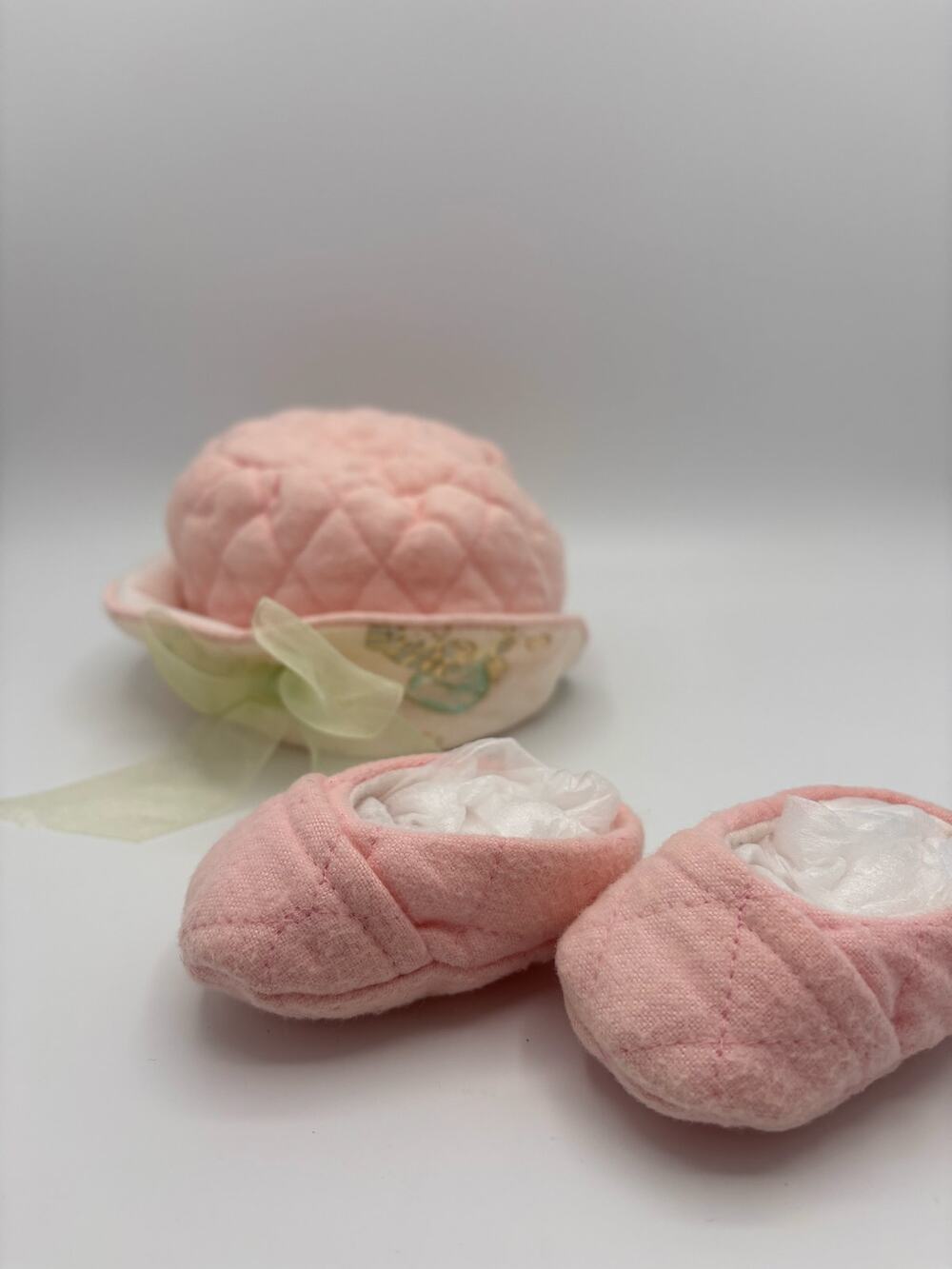 Vintage Set Soft Pink Pastel Baby Booties & Matching Hat Green Bow Doll Newborn